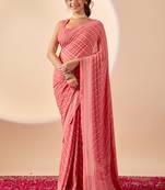 Coral geomatric print satin festive ethnic saree with blouse