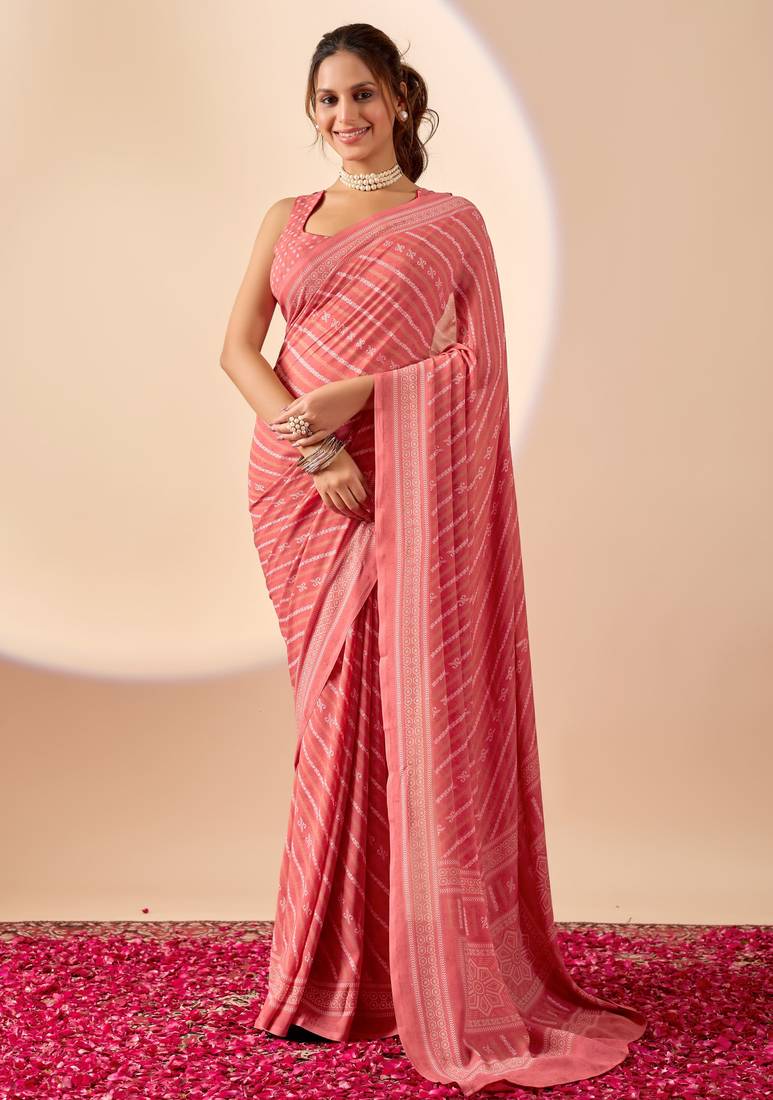 Coral geomatric print satin festive ethnic saree with blouse