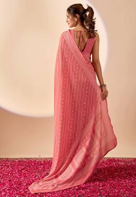 Coral geomatric print satin festive ethnic saree with blouse 2