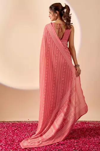 Coral geomatric print satin festive ethnic saree with blouse