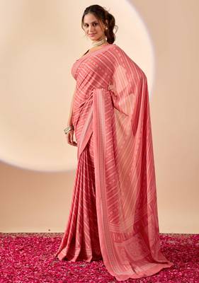 Coral geomatric print satin festive ethnic saree with blouse 3