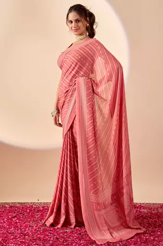 Coral geomatric print satin festive ethnic saree with blouse