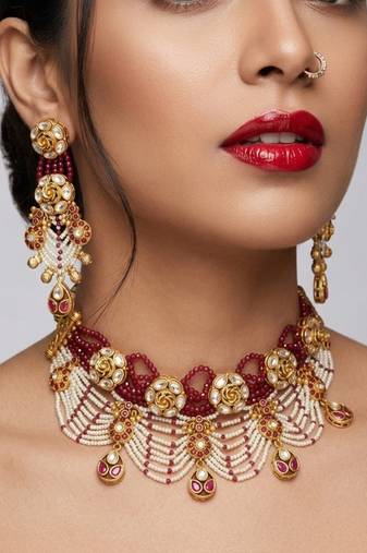 Handcrafted kundan & ruby bead choker set | traditional indian gold-plated bridal jewelry