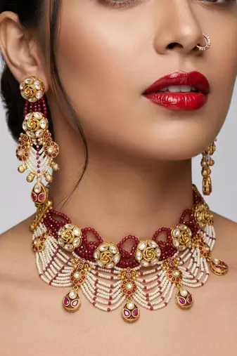 Handcrafted kundan & ruby bead choker set | traditional indian gold-plated bridal jewelry