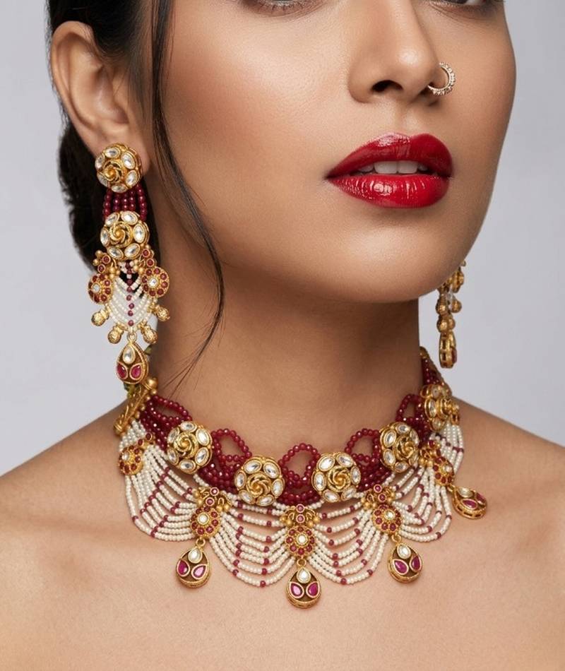 Handcrafted kundan & ruby bead choker set | traditional indian gold-plated bridal jewelry
