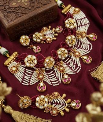 Handcrafted kundan & ruby bead choker set | traditional indian gold-plated bridal jewelry 2