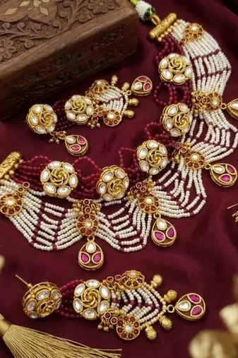 Handcrafted kundan & ruby bead choker set | traditional indian gold-plated bridal jewelry