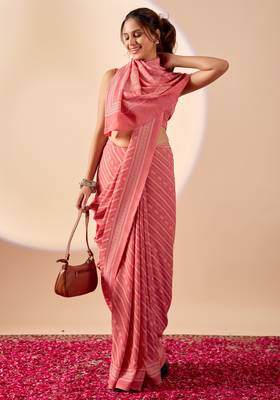 Coral geomatric print satin festive ethnic saree with blouse 4