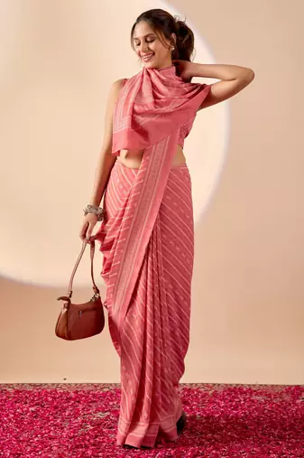 Coral geomatric print satin festive ethnic saree with blouse