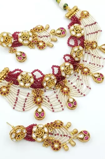 Handcrafted kundan & ruby bead choker set | traditional indian gold-plated bridal jewelry