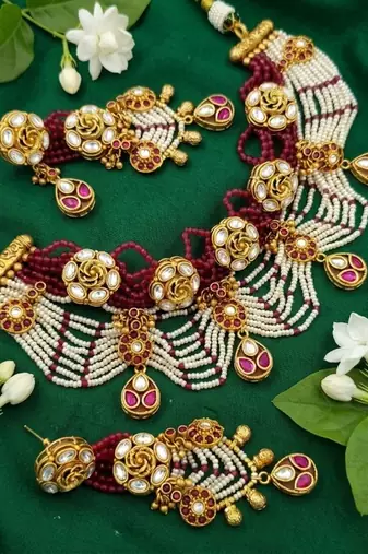 Handcrafted kundan & ruby bead choker set | traditional indian gold-plated bridal jewelry