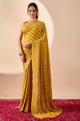 yellow digital print georgette festive ethnic saree with blouse
