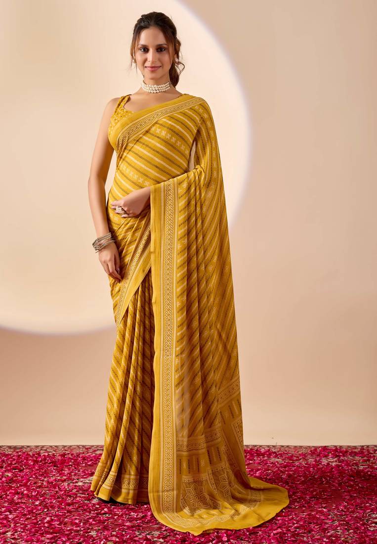 yellow digital print georgette festive ethnic saree with blouse