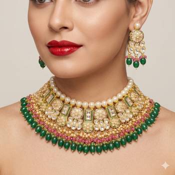 Exquisite gold-plated kundan bridal choker set with emerald green beads - traditional ethnic indian jewelry 1