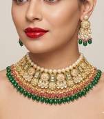 Exquisite gold-plated kundan bridal choker set with emerald green beads - traditional ethnic indian jewelry