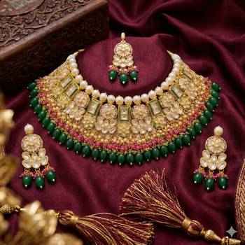 Exquisite gold-plated kundan bridal choker set with emerald green beads - traditional ethnic indian jewelry 2