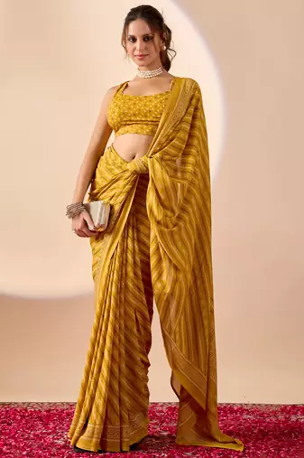 yellow digital print georgette festive ethnic saree with blouse