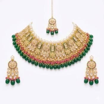 Exquisite gold-plated kundan bridal choker set with emerald green beads - traditional ethnic indian jewelry 3