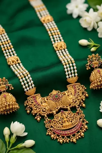 Antique temple jewelry gold-plated necklace set with lakshmi pendant & earrings traditional south indian bridal jewelry
