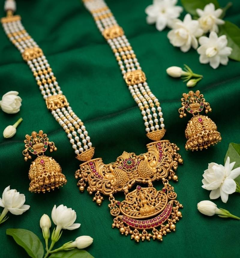 Antique temple jewelry gold-plated necklace set with lakshmi pendant & earrings traditional south indian bridal jewelry