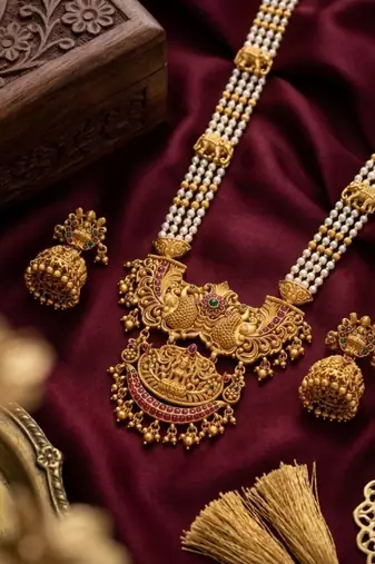 Antique temple jewelry gold-plated necklace set with lakshmi pendant & earrings traditional south indian bridal jewelry
