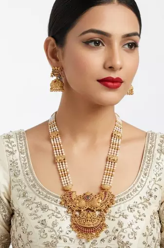 Antique temple jewelry gold-plated necklace set with lakshmi pendant & earrings traditional south indian bridal jewelry