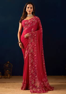 red digital floral print chiffon festive ethnic saree with blouse 1