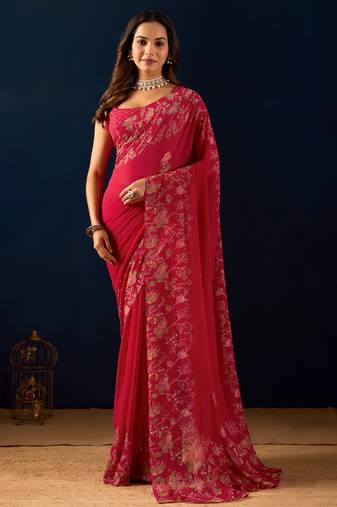 red digital floral print chiffon festive ethnic saree with blouse