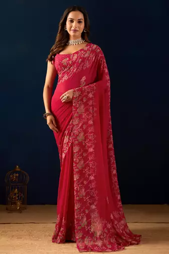red digital floral print chiffon festive ethnic saree with blouse