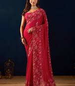 red digital floral print chiffon festive ethnic saree with blouse