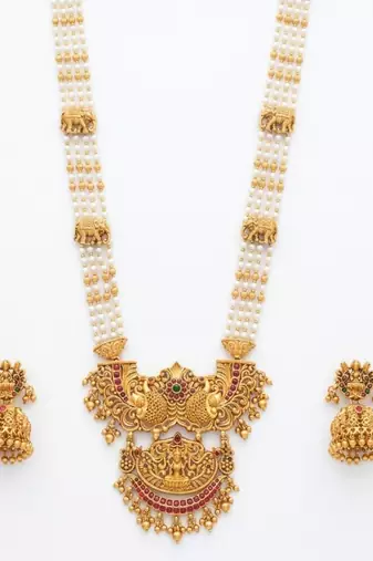 Antique temple jewelry gold-plated necklace set with lakshmi pendant & earrings traditional south indian bridal jewelry