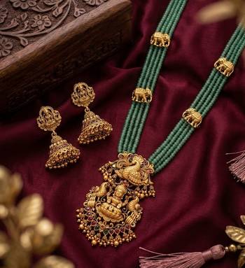 Traditional handcrafted gold-plated long haram Necklace :: set with pearls & lakshmi pendant | ethnic bridal jewelry 1