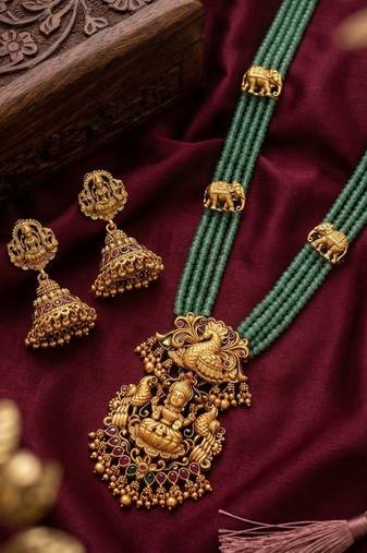 Traditional handcrafted gold-plated long haram Necklace :: set with pearls & lakshmi pendant | ethnic bridal jewelry