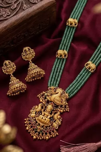 Traditional handcrafted gold-plated long haram Necklace :: set with pearls & lakshmi pendant | ethnic bridal jewelry