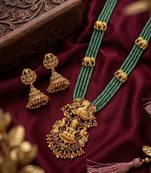 Traditional handcrafted gold-plated long haram Necklace :: set with pearls & lakshmi pendant | ethnic bridal jewelry