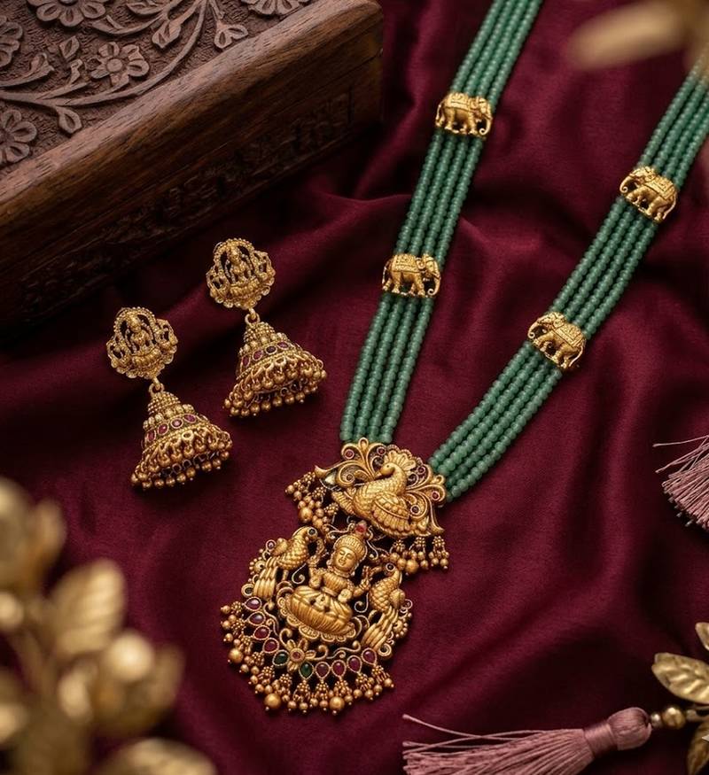 Traditional handcrafted gold-plated long haram Necklace :: set with pearls & lakshmi pendant | ethnic bridal jewelry