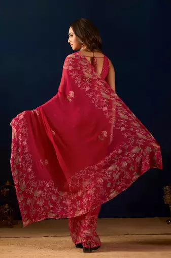 red digital floral print chiffon festive ethnic saree with blouse