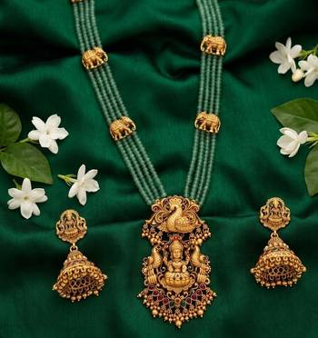 Traditional handcrafted gold-plated long haram Necklace :: set with pearls & lakshmi pendant | ethnic bridal jewelry 2