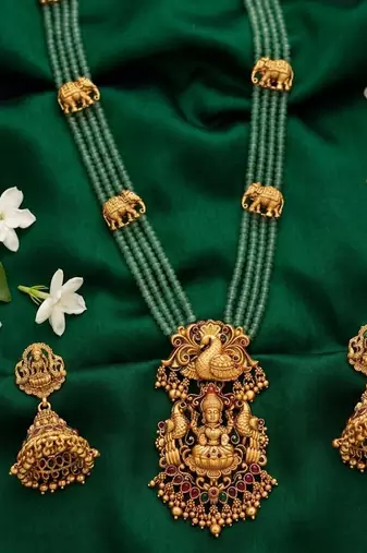 Traditional handcrafted gold-plated long haram Necklace :: set with pearls & lakshmi pendant | ethnic bridal jewelry