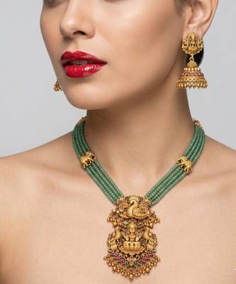 Traditional handcrafted gold-plated long haram Necklace :: set with pearls & lakshmi pendant | ethnic bridal jewelry 3