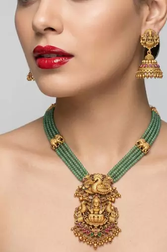 Traditional handcrafted gold-plated long haram Necklace :: set with pearls & lakshmi pendant | ethnic bridal jewelry