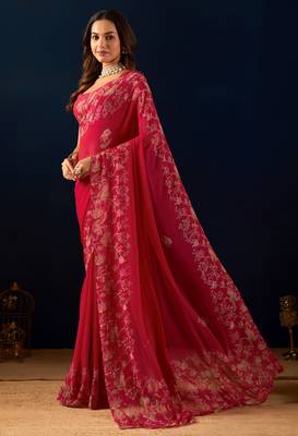 red digital floral print chiffon festive ethnic saree with blouse 3