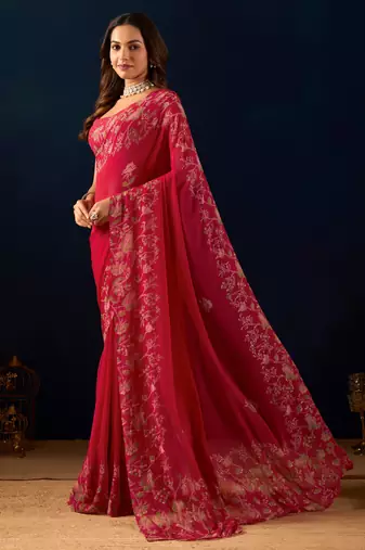 red digital floral print chiffon festive ethnic saree with blouse
