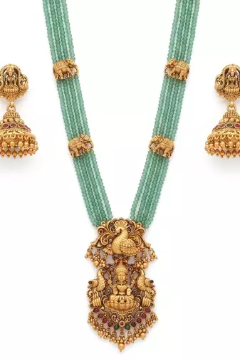 Traditional handcrafted gold-plated long haram Necklace :: set with pearls & lakshmi pendant | ethnic bridal jewelry