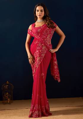 red digital floral print chiffon festive ethnic saree with blouse 4