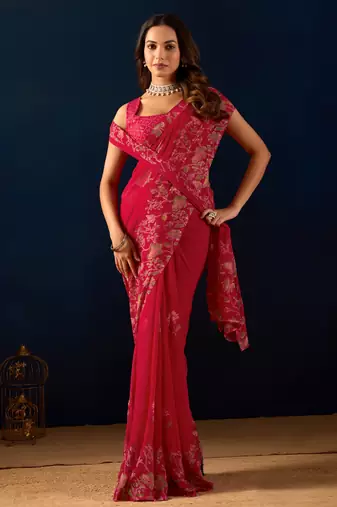 red digital floral print chiffon festive ethnic saree with blouse