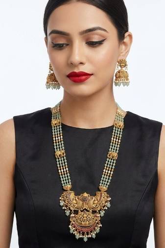 Antique temple jewelry gold-plated necklace set with lakshmi pendant & earrings traditional south indian bridal jewelry
