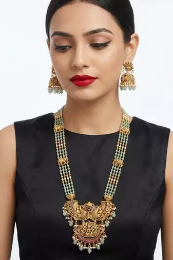 Antique temple jewelry gold-plated necklace set with lakshmi pendant & earrings traditional south indian bridal jewelry