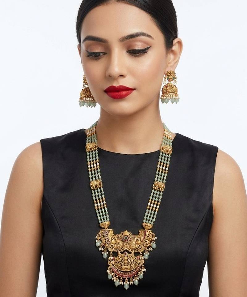 Antique temple jewelry gold-plated necklace set with lakshmi pendant & earrings traditional south indian bridal jewelry