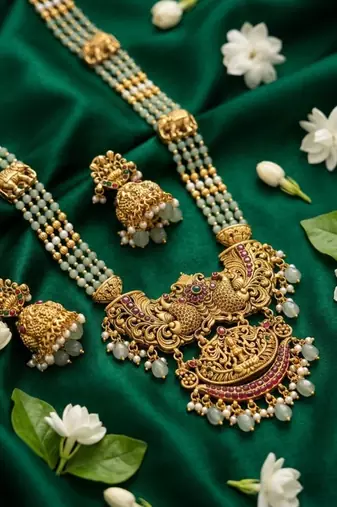 Antique temple jewelry gold-plated necklace set with lakshmi pendant & earrings traditional south indian bridal jewelry